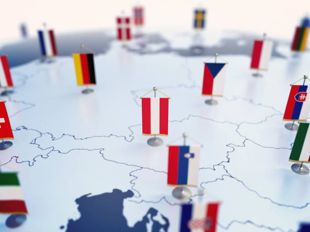 Flag of Austria in focus among other European countries flags Flag of Austria in focus among other European countries flags. Europe marked with table flags 3d rendering austrian culture stock pictures, royalty-free photos & images