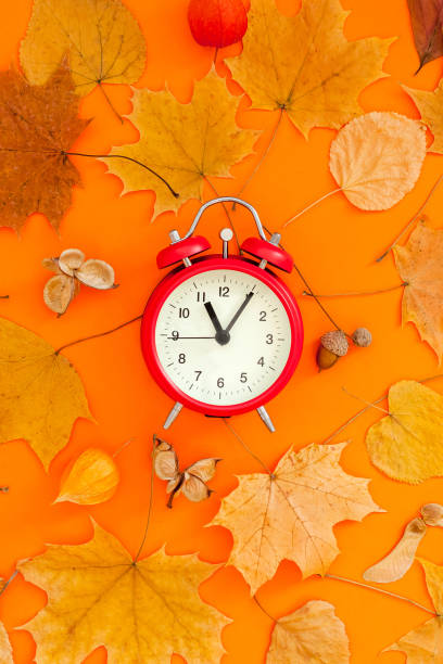 istock Autumn postcard with fall leaves and alarm clock 1180273230