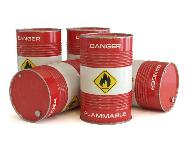 istock Flammable substance red barrels with flammable symbol 1180273261