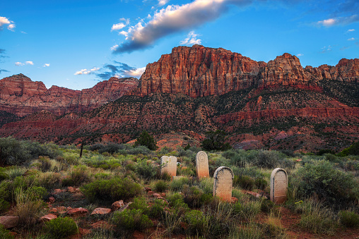 Springdale, Utah, USA - October 21, 2018 : Historic pioneer cemetery in Springdale located at the entry to the Zion National Park.