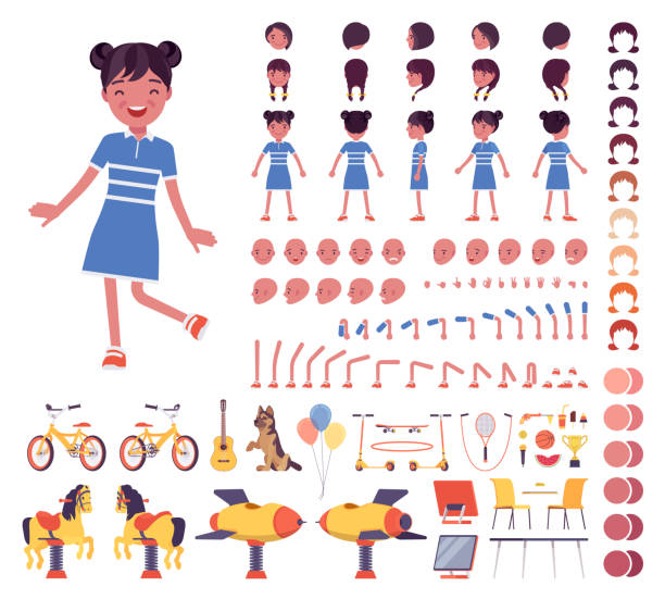 Girl child 7, 9 years old, school age black kid construction set, Girl child 7, 9 year old, school age black kid construction set, active schoolgirl in summer wear, fun and activities creation elements to build own design. Cartoon flat style infographic illustration bicycle cycling school child stock illustrations