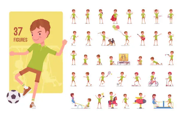 Vector illustration of Boy child 7 to 9 years old, school age kid character set