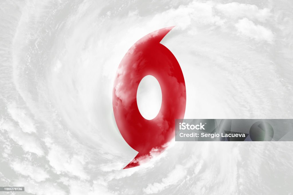 3D Illustration idea for Super Typhoon halting Rugby in Japan. 3D Illustration idea of a typhoon symbol that looks like a rugby ball and Japanese Flag Typhoon Stock Photo
