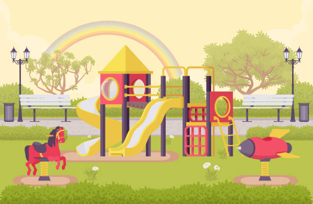 ilustraciones, imágenes clip art, dibujos animados e iconos de stock de zona de juegos estructura exterior - parque infantil