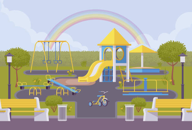 ilustraciones, imágenes clip art, dibujos animados e iconos de stock de parque infantil al aire libre - light waving rainbow vector
