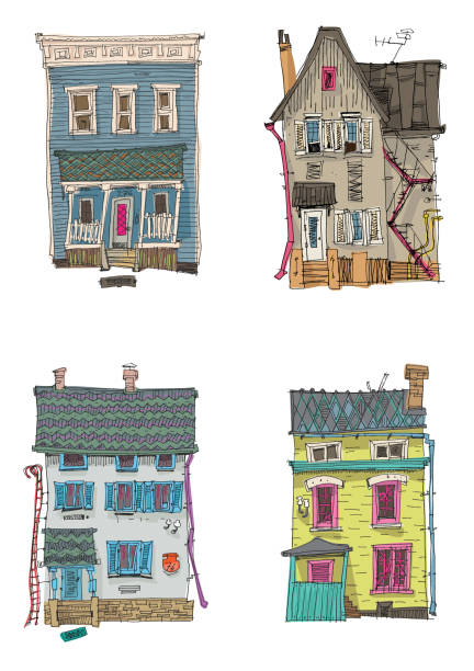 a set of vintage facades a set of vintage facades - architectural sketches - cartoon window chimney london england residential district stock illustrations