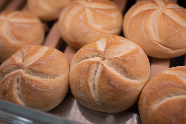 Fresh buns in bakery stock photo