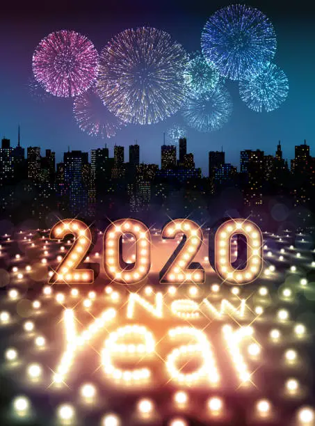 Vector illustration of Happy New Year 2020 with Bulbs and Fireworks Over the City