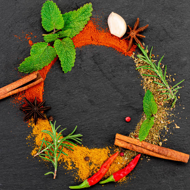 istock Colourful various herbs and spices on dark background. Top view with copy space 1180284033