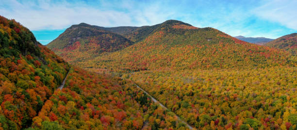 Aerial Drone Panorama of Fall Foliage in Forested Mountain Valley