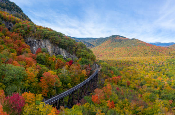 Colorful Fall Foliage in Mountains (Aerial View) Aerial drone photo of during autumn day of the beautiful red, orange and yellow leaf foliage. Taken in the White Mountains, New Hampshire with train track trestle curving around mountainside. rail transportation photos stock pictures, royalty-free photos & images