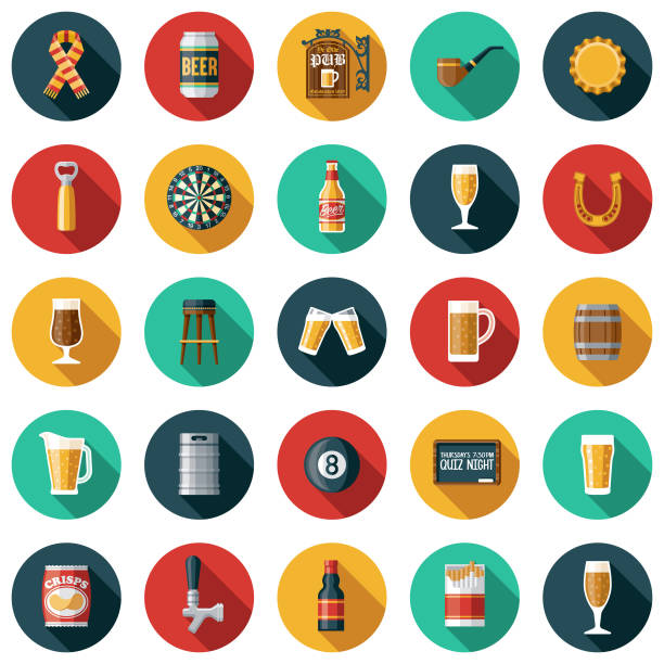 Old Fashioned Pub Icon Set A set of icons. File is built in the CMYK color space for optimal printing. Color swatches are global so it’s easy to edit and change the colors. alcohol drink stock illustrations