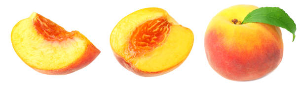 istock peach fruit collection. peach fruit with green leaves and slices isolated on white background 1180288016