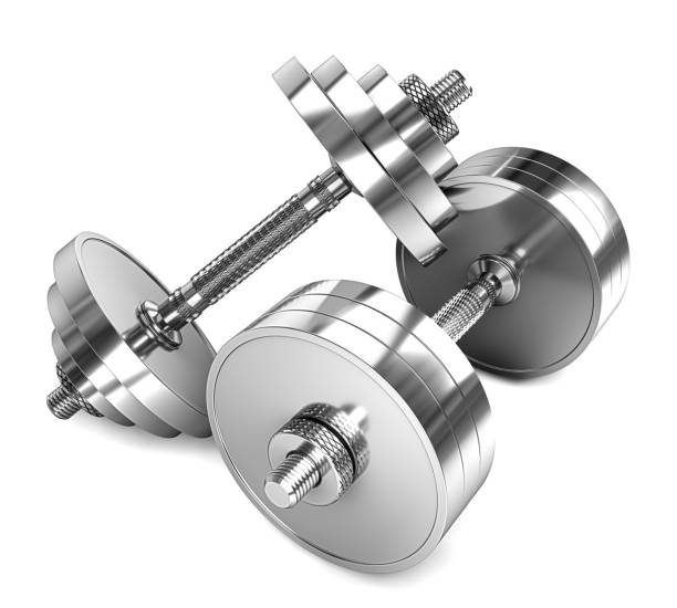 istock Two chrome dumbbells isolated on a white background. 3d render. 3d illustration 1180288044