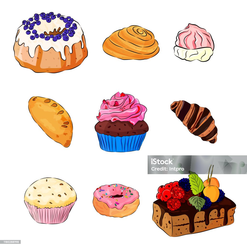 Ilustración de Set De Deliciosos Pasteles Ilustración Vectorial De Dibujos Animados Estilo Plano Food Iconos Dulces Sobre Fondo Blanco y más Vectores Libres de Derechos de Alimento - iStock Ilustración de Set De Deliciosos Pasteles Ilustración Vectorial De Dibujos Animados Estilo Plano Food Iconos Dulces Sobre Fondo Blanco y más Vectores Libres de Derechos de Alimento - iStock