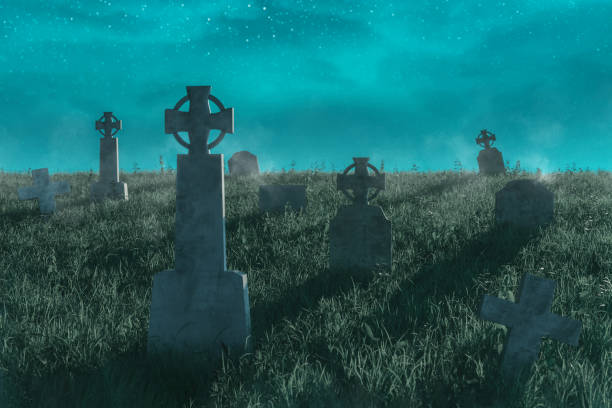 istock 3d rendering of abandoned graveyard full with old tombstones at night 1180290470