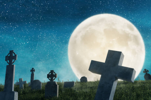 istock 3d rendering of abandoned graveyard full with old tombstones in the full moon light 1180290480