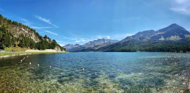 Crystal clear water at Lake Sils, village of Sils, Switzerland