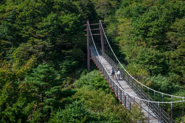 Two women traveling on the Korean island of Jeju and hiking the Gwaneumsa Trail in Hallasan National Park walk across the Hyunsugyo Bridge on a sunny September afternoon.