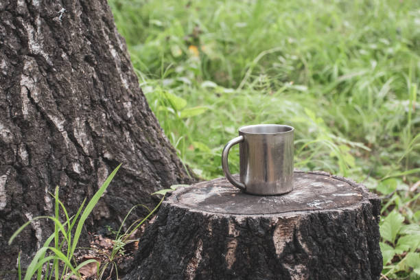 istock An iron tourist mug stands on a stump in a forest next to a thick tree against a background of blurred grass. 1180295719