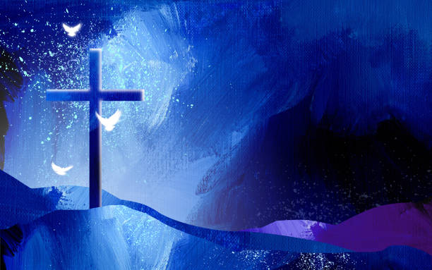 grafisches christliches kreuz von jesus christus gegen abstrakte pinselstrich himmel - forgiveness praying miracle rescue stock-grafiken, -clipart, -cartoons und -symbole