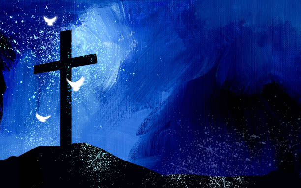 ilustrações, clipart, desenhos animados e ícones de silhueta gráfica da cruz cristã do jesus cristo de encontro ao céu abstrato - believe miracle church forgiveness