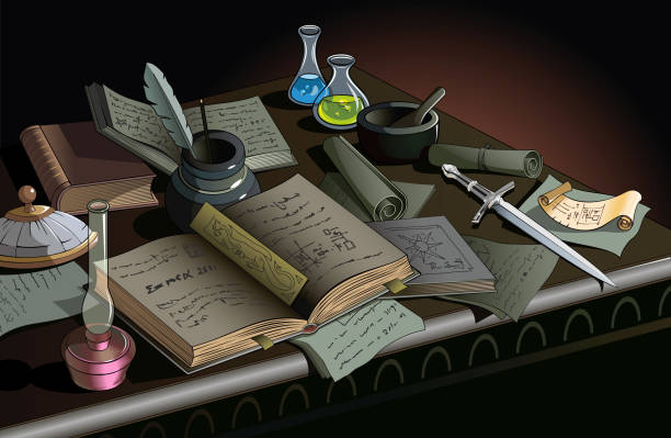 ilustrações de stock, clip art, desenhos animados e ícones de working table of wizard - old laboratory alchemy alchemist