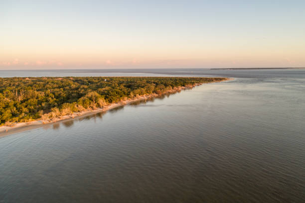 Aerial View of Georgia Coastline The southern tip of Georgia's Jekyll Island juts into Jekyll Sound, with Cumberland Island visible in the distance. cumberland island georgia photos stock pictures, royalty-free photos & images