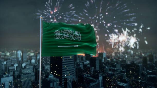 istock Saudi Arabia Flag With Night Sky And Fireworks 1180304549
