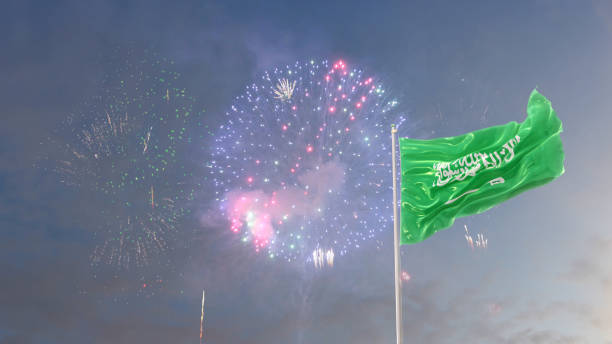 istock Saudi Arabia  Flag With Morning Sky And Fireworks 1180304750