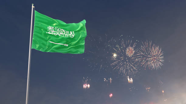 istock Saudi Arabia  Flag With Morning Sky And Fireworks 1180305267