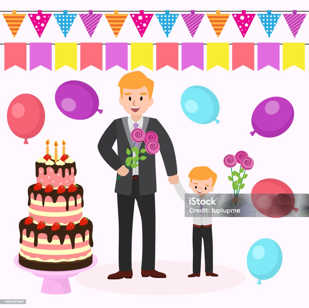 Moms Happy Birthday Family Party Vector Flat Cartoon Illustration Of Father  And Son With Flowers For Mother Colored Baloons Flags And Large Birthday  Cake With Candles Stock Illustration - Download Image Now -