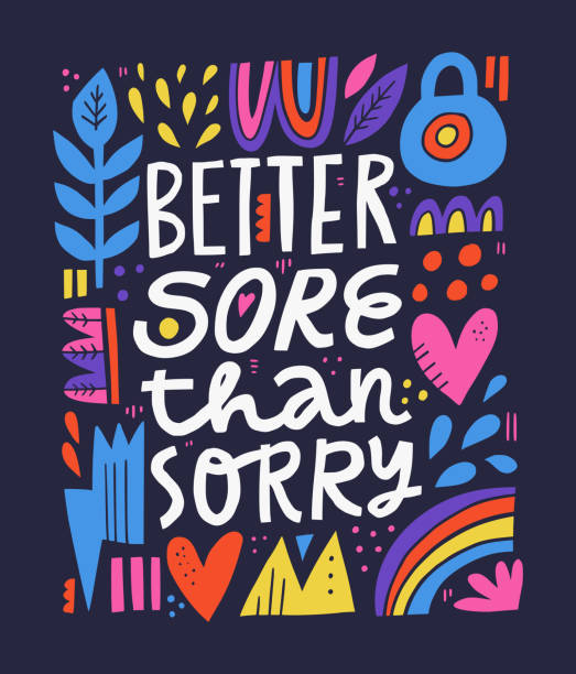 Better sore than sorry scandinavian style lettering. Fitness motivational slogan hand drawn illustration. Gym poster, textile decorative typography. Inspirational sport saying in abstract frame Better sore than sorry scandinavian style lettering. Fitness motivational slogan hand drawn illustration. Gym poster, textile decorative typography. Inspirational sport saying in abstract frame gym drawings stock illustrations