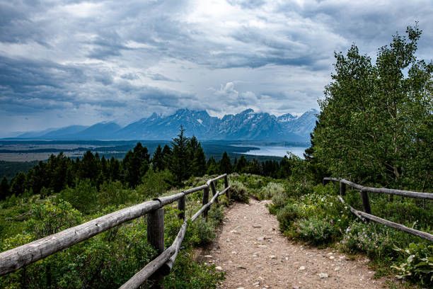 gamme de montagnes de grand teton d'un point de vue - lac jenny photos et images de collection