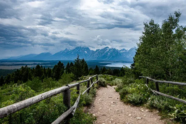 Photo of Grand Teton mountain range from a viewpoint