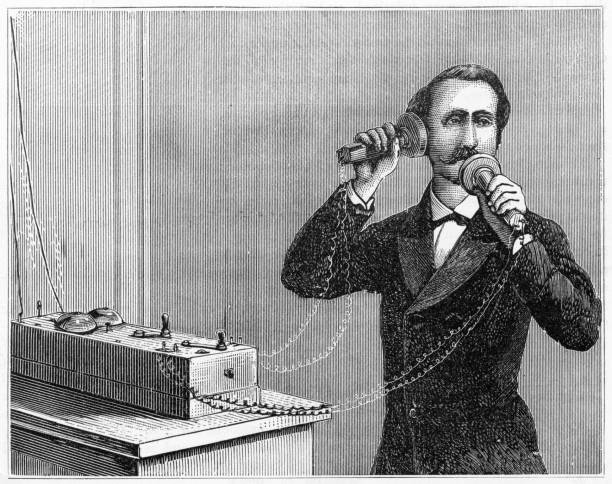 ilustraciones, imágenes clip art, dibujos animados e iconos de stock de grabado de alexander graham bell en 1886 - inventor