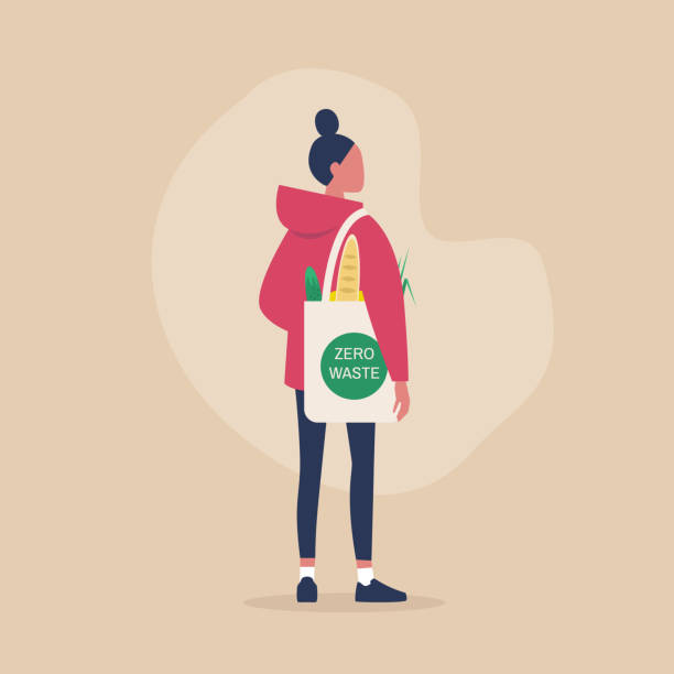 Zero waste concept, young female millennial character carrying groceries in a reusable eco friendly shopper bag Zero waste concept, young female millennial character carrying groceries in a reusable eco friendly shopper bag embarrassed stock illustrations