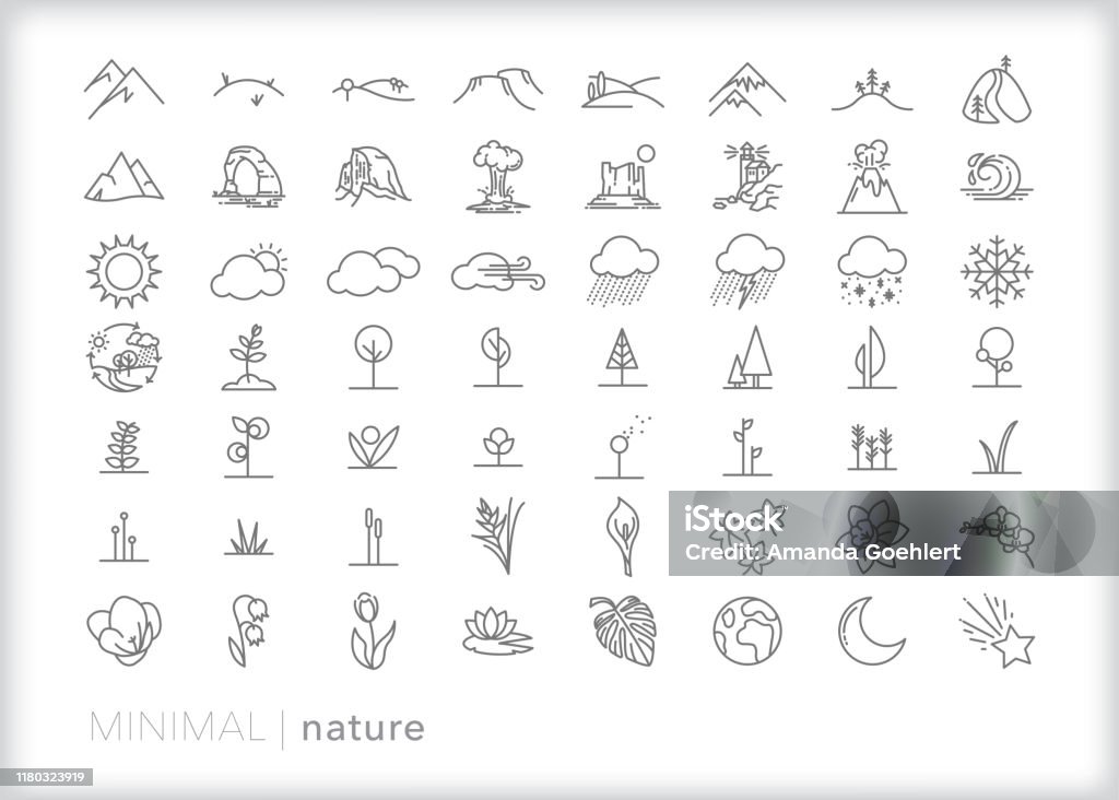 Set di oltre 50 icone della linea natura di terra, piante e meteo - arte vettoriale royalty-free di Icona