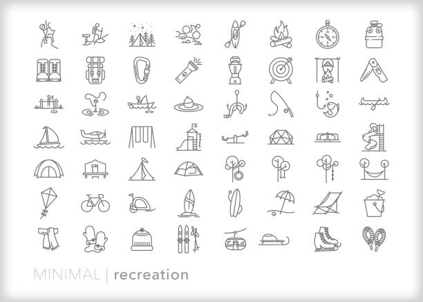 illustrations, cliparts, dessins animés et icônes de ensemble de plus de 50 icônes de ligne de loisirs en plein air - ski boat