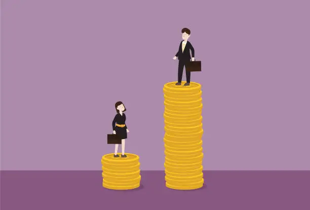 Vector illustration of Businessman standing on a stack of the coin higher than a businesswoman