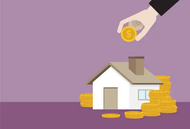 Vector illustration of Businessman putting dollar coin into a house