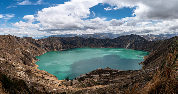 Panorama of the Quilotoa volcano with its water-filled caldera (Ecuador)