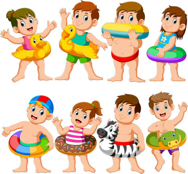 happy relax urlaub kinder schwimmbad party mit aufblasbaren schwimmern - life belt water floating on water buoy stock-grafiken, -clipart, -cartoons und -symbole