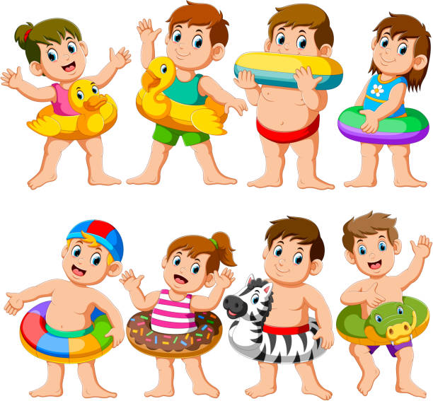ilustrações de stock, clip art, desenhos animados e ícones de happy relax holiday children swimming pool party using inflatable floats - life belt water floating on water buoy