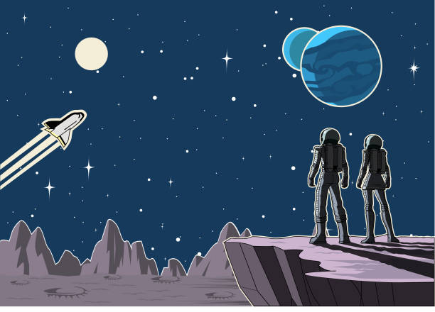 Vector Retro Astronaut Couple on a Planet Illustration A cartoon vector illustration of a couple of astronauts standing on a cliff on a planet while looking at vast outer space in the background. Wide space available for your copy. space exploration stock illustrations