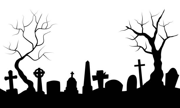 schwarze silhouette von friedhof, friedhof und bäumen - krypta stock-grafiken, -clipart, -cartoons und -symbole