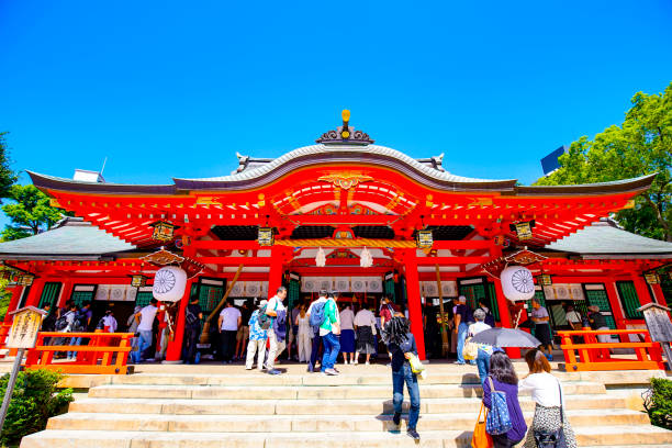Ikuta Shrine jinja in Kobe, Japan Kobe,Japan - September 14, 2019: Blue sky day and Ikuta Shrine jinja.This shrine is a Shinto shrine in the Chuo Ward of Kobe, Japan, and is possibly among the oldest shrines in the country. motomachi kobe stock pictures, royalty-free photos & images