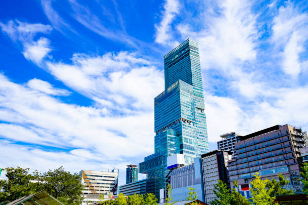 Osaka, Japan -  September 12 2019 - Blue sky day and Osaka city landscape, Japan.The tallest building is HARUKASU in tennoji. Height is 300 meters.