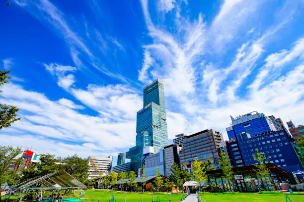 Osaka, Japan -  September 12 2019 - Blue sky day and Osaka city landscape, Japan.The tallest building is HARUKASU in tennoji. Height is 300 meters.