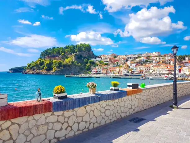 Parga city in October sea and buildings tourist resort in greece